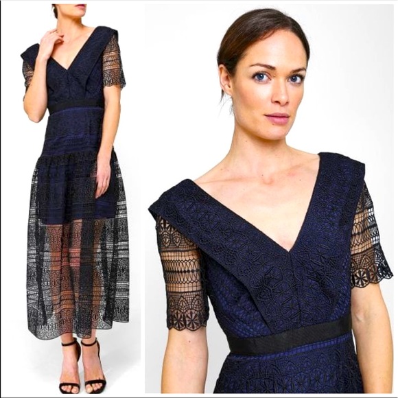 Self Portrait Spiral Panel Lace Midi Dress Navy Blue US Size 6 NEW - Picture 3 of 13